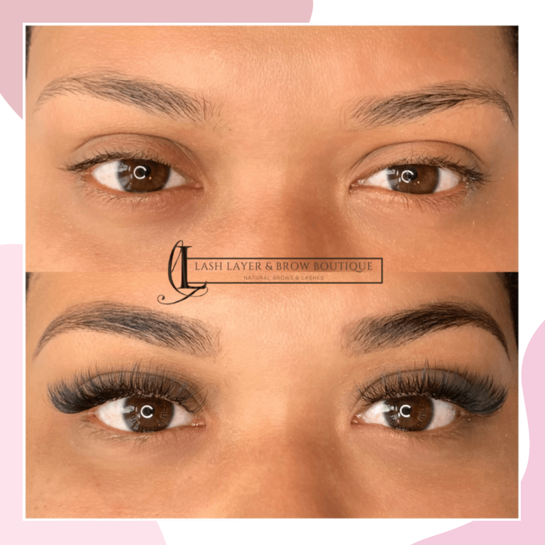 Before & after photo of eyelash extensions and Brow wax and tint done at lash layer boutique in PIckering